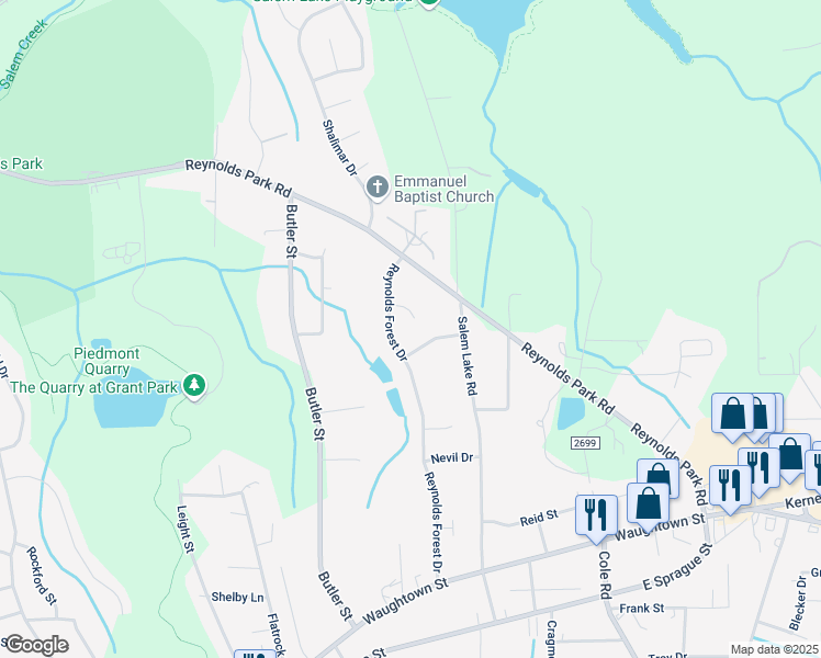 map of restaurants, bars, coffee shops, grocery stores, and more near 2714 Reynolds Forest Court in Winston-Salem