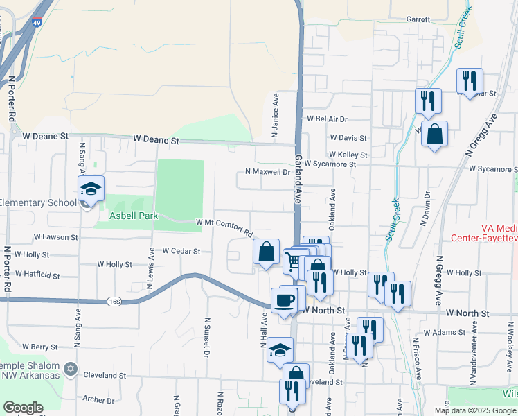 map of restaurants, bars, coffee shops, grocery stores, and more near 1278 West Hendrix Street in Fayetteville
