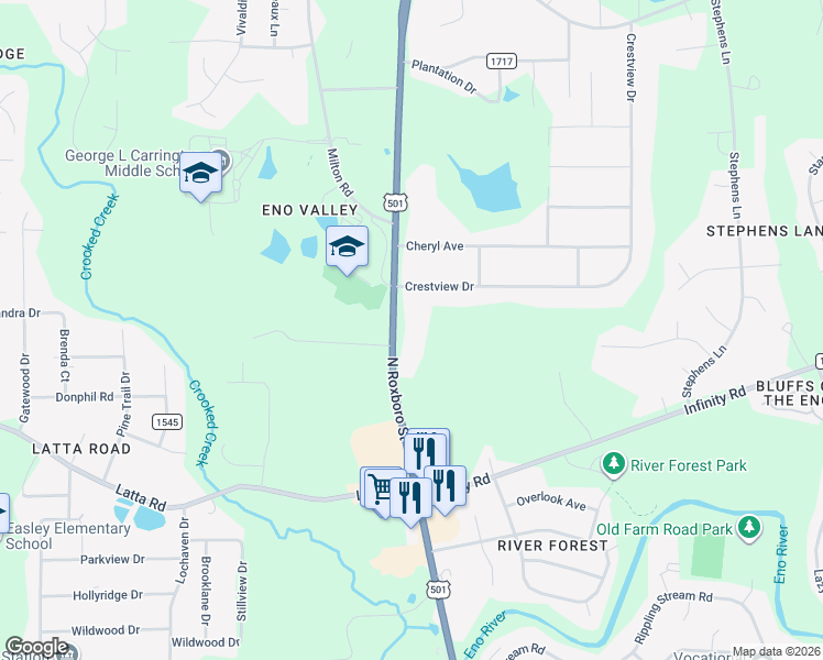 map of restaurants, bars, coffee shops, grocery stores, and more near 5384 North Roxboro Street in Durham