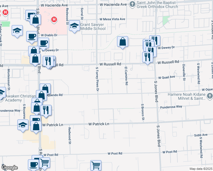 map of restaurants, bars, coffee shops, grocery stores, and more near 6437 West Quail Avenue in Las Vegas