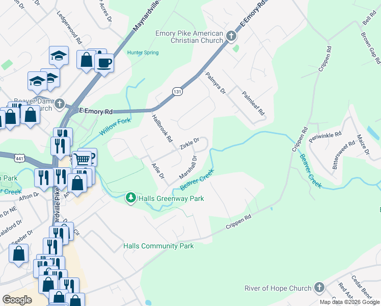 map of restaurants, bars, coffee shops, grocery stores, and more near 4637 Marshall Drive in Knoxville