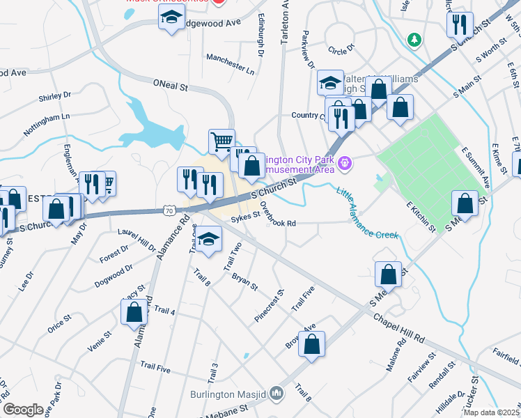 map of restaurants, bars, coffee shops, grocery stores, and more near 1556 Overbrook Road in Burlington