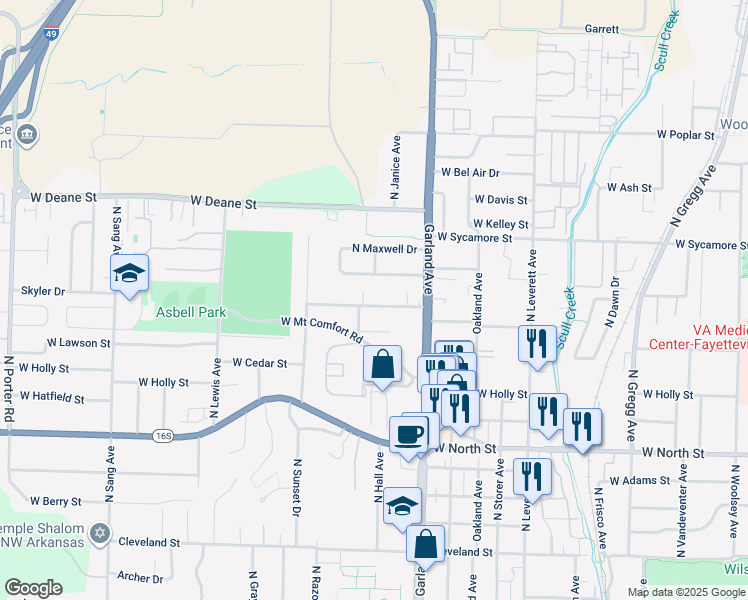 map of restaurants, bars, coffee shops, grocery stores, and more near 1278 West Hendrix Street in Fayetteville
