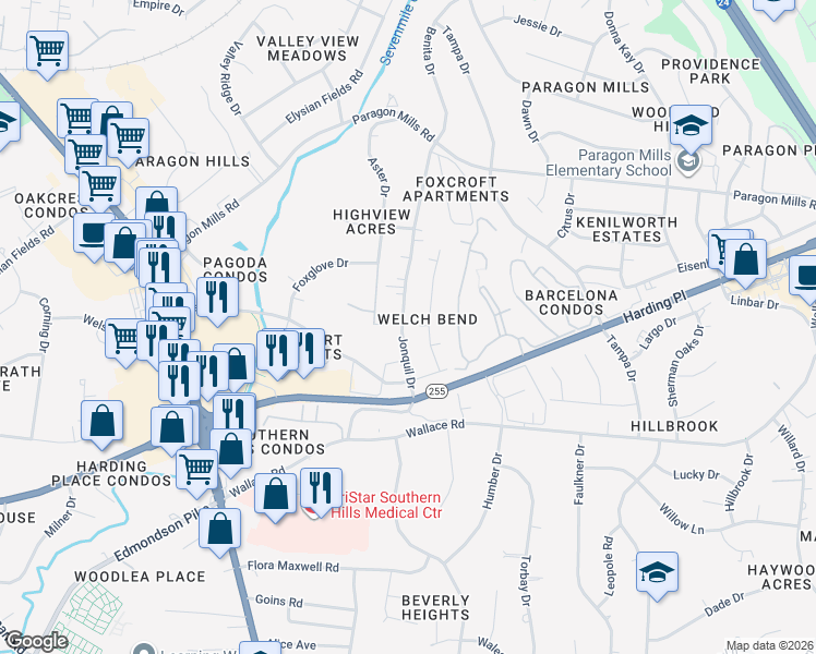 map of restaurants, bars, coffee shops, grocery stores, and more near 4904 Jonquil Drive in Nashville