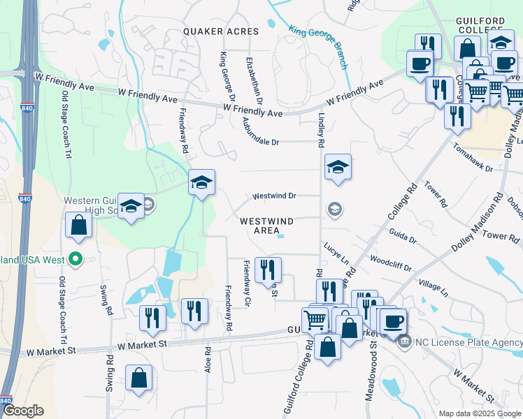 map of restaurants, bars, coffee shops, grocery stores, and more near 6 Sun Oak Ct in Greensboro