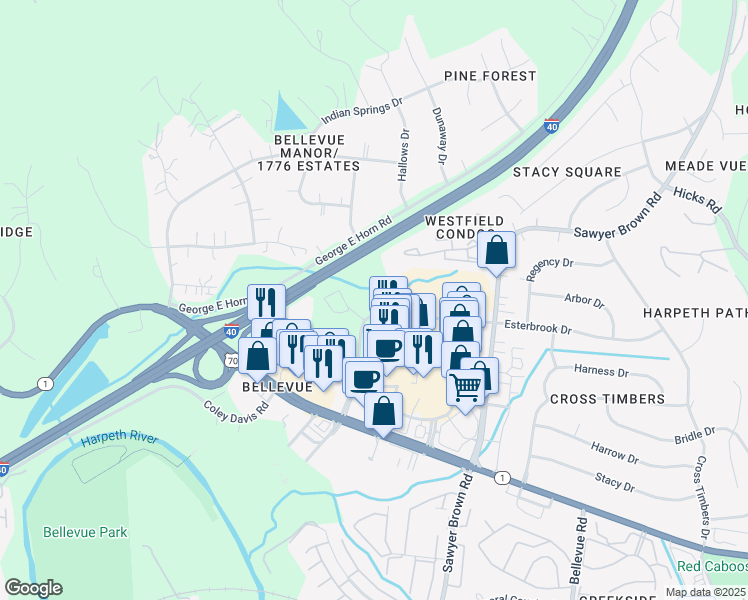 map of restaurants, bars, coffee shops, grocery stores, and more near 7632 Highway 70 South in Nashville
