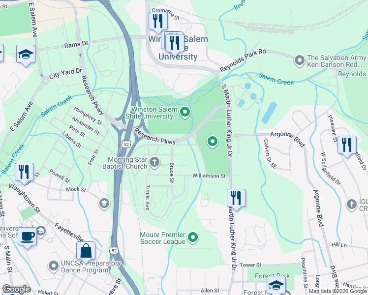 map of restaurants, bars, coffee shops, grocery stores, and more near 1522 Diggs Boulevard in Winston-Salem