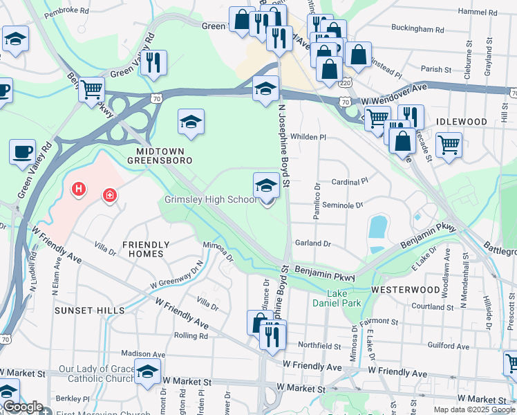 map of restaurants, bars, coffee shops, grocery stores, and more near 801 Westover Terrace in Greensboro