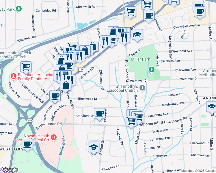 map of restaurants, bars, coffee shops, grocery stores, and more near 800 Westview Drive in Winston-Salem