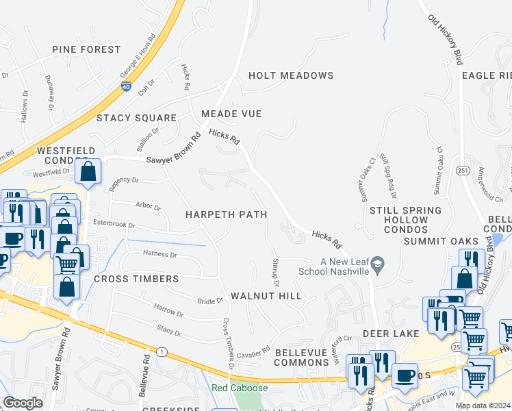 map of restaurants, bars, coffee shops, grocery stores, and more near 893 Stirrup Drive in Nashville