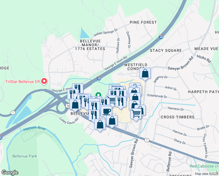 map of restaurants, bars, coffee shops, grocery stores, and more near 7632 Highway 70 South in Nashville