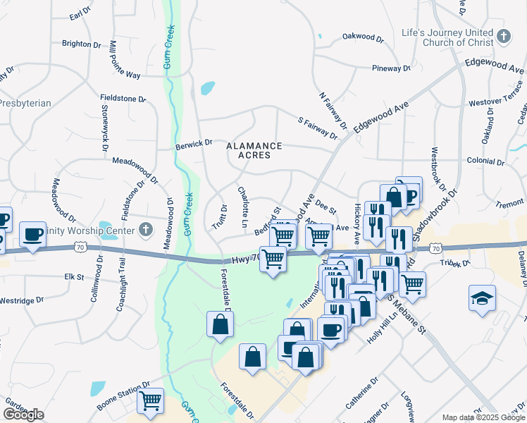 map of restaurants, bars, coffee shops, grocery stores, and more near 2910 Bedford Court in Burlington