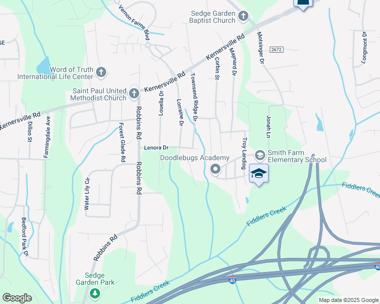 map of restaurants, bars, coffee shops, grocery stores, and more near 4020 Lenora Drive in Winston-Salem
