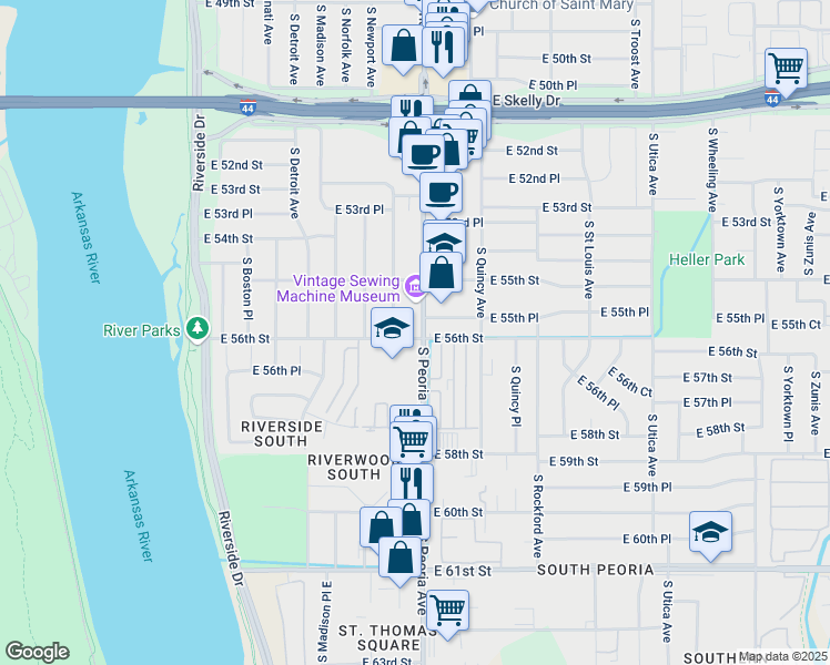 map of restaurants, bars, coffee shops, grocery stores, and more near 5544 South Peoria Avenue in Tulsa