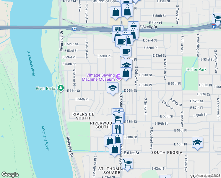 map of restaurants, bars, coffee shops, grocery stores, and more near 5548 South Owasso Avenue in Tulsa