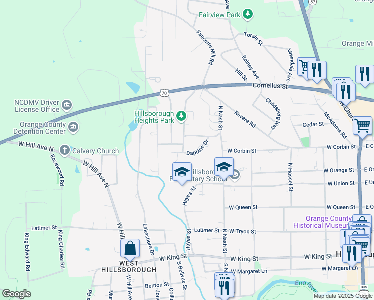 map of restaurants, bars, coffee shops, grocery stores, and more near 403 Terrell Road in Hillsborough