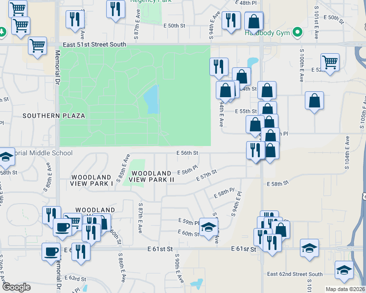 map of restaurants, bars, coffee shops, grocery stores, and more near 9011 East 56th Street in Tulsa