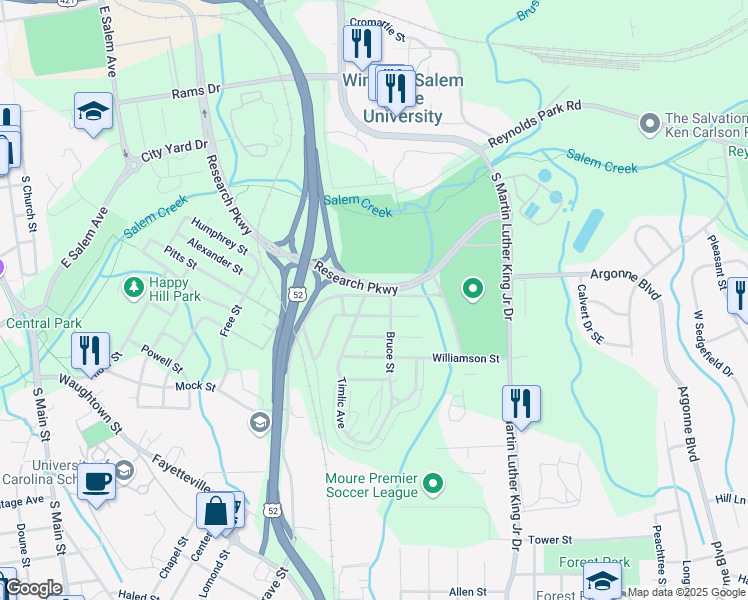 map of restaurants, bars, coffee shops, grocery stores, and more near 1412 Diggs Boulevard in Winston-Salem