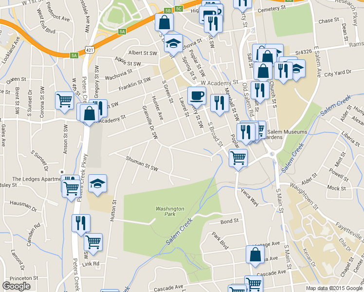 map of restaurants, bars, coffee shops, grocery stores, and more near 911 Walnut Street Southwest in Winston-Salem