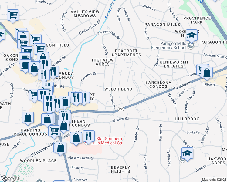 map of restaurants, bars, coffee shops, grocery stores, and more near 4904 Jonquil Drive in Nashville