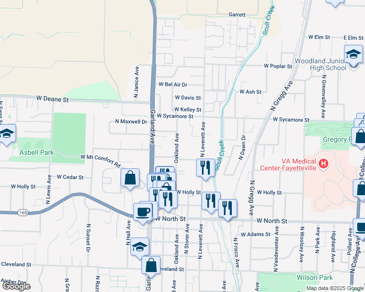 map of restaurants, bars, coffee shops, grocery stores, and more near 1511 Oakland Avenue in Fayetteville