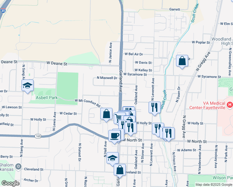 map of restaurants, bars, coffee shops, grocery stores, and more near 1158 West Hendrix Street in Fayetteville