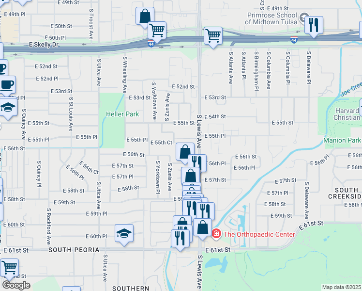 map of restaurants, bars, coffee shops, grocery stores, and more near 2216 East 55th Court in Tulsa