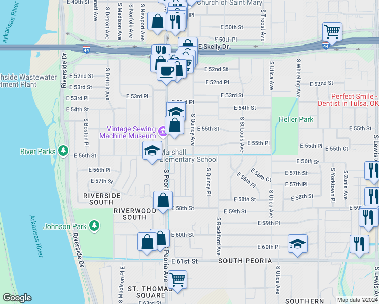 map of restaurants, bars, coffee shops, grocery stores, and more near 5608 South Quaker Avenue in Tulsa