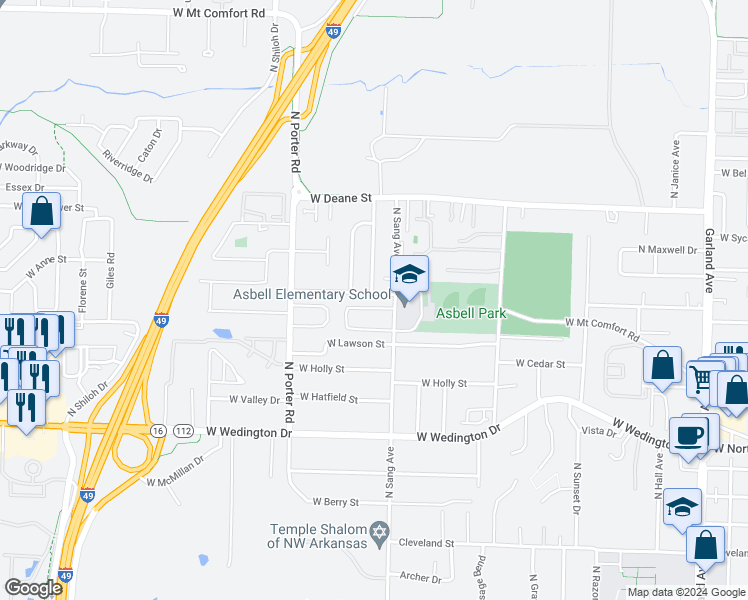 map of restaurants, bars, coffee shops, grocery stores, and more near 2155 Skyler Dr in Fayetteville