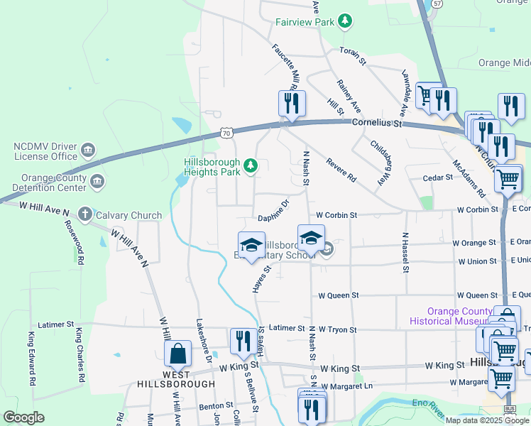map of restaurants, bars, coffee shops, grocery stores, and more near 403 Terrell Road in Hillsborough