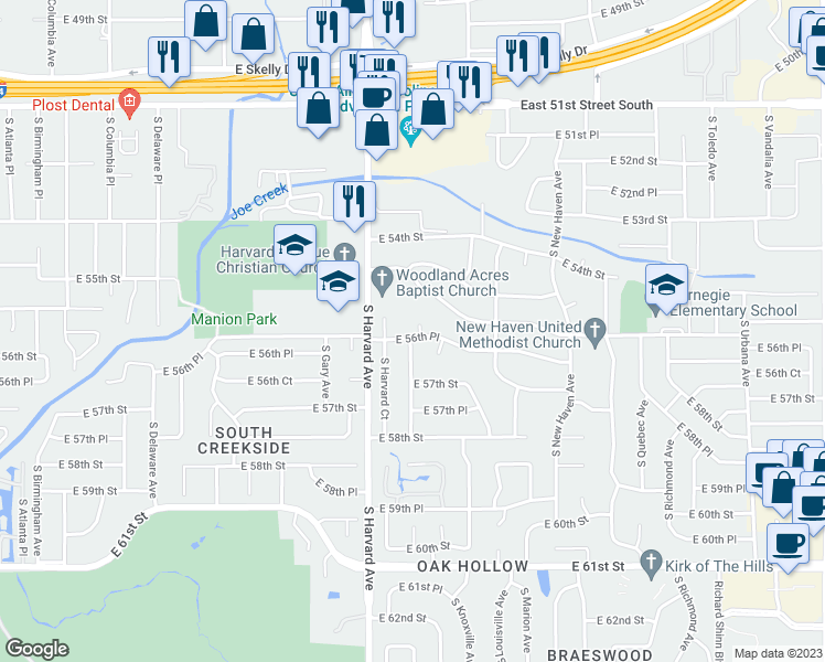 map of restaurants, bars, coffee shops, grocery stores, and more near 3403 East 56th Place in Tulsa