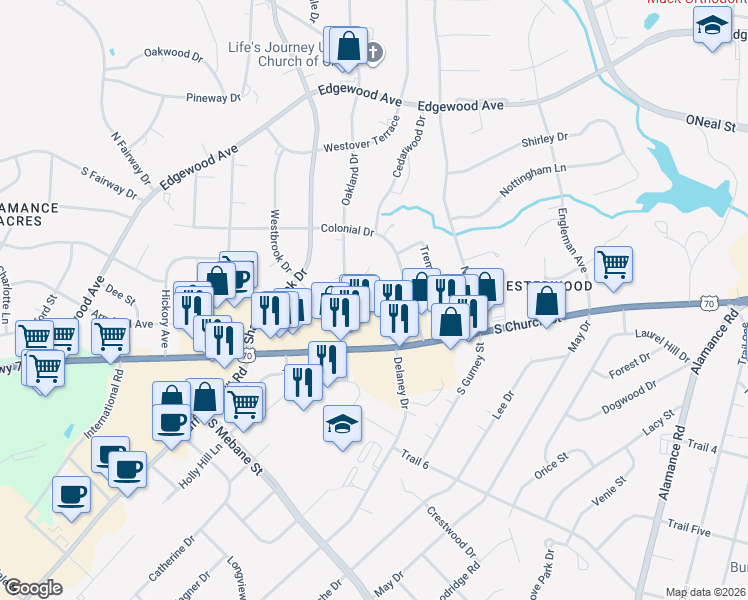 map of restaurants, bars, coffee shops, grocery stores, and more near 2509 Nottoway Terrace in Burlington