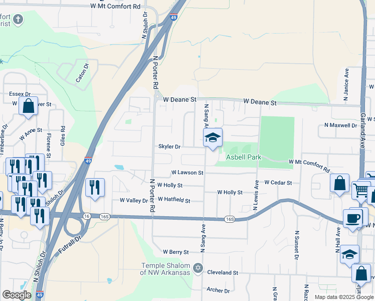 map of restaurants, bars, coffee shops, grocery stores, and more near 2155 Skyler Drive in Fayetteville