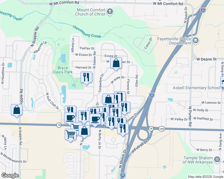 map of restaurants, bars, coffee shops, grocery stores, and more near 1473 Greenleaf Drive in Fayetteville