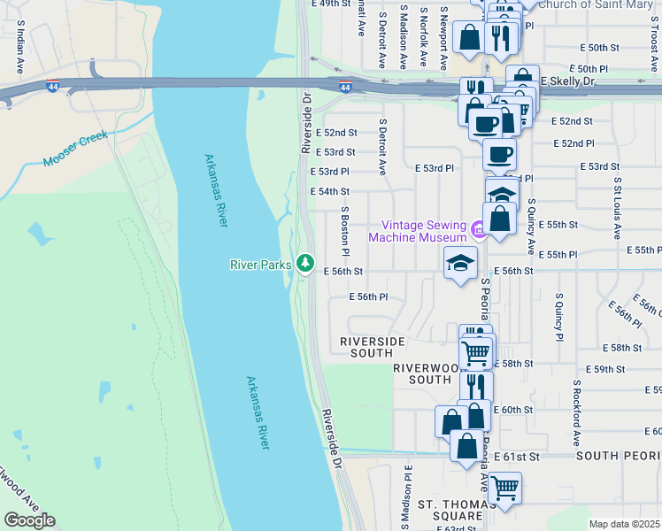 map of restaurants, bars, coffee shops, grocery stores, and more near 5485 South Boston Avenue in Tulsa