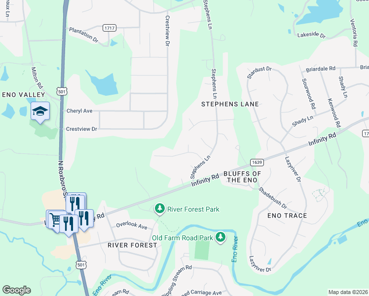 map of restaurants, bars, coffee shops, grocery stores, and more near 1 Glossy Leaf Place in Durham