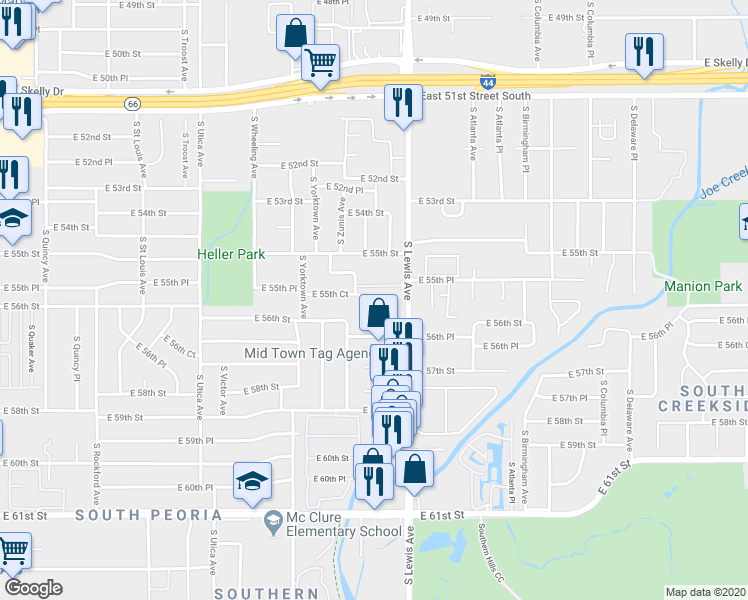 map of restaurants, bars, coffee shops, grocery stores, and more near 2223 East 55th Court in Tulsa