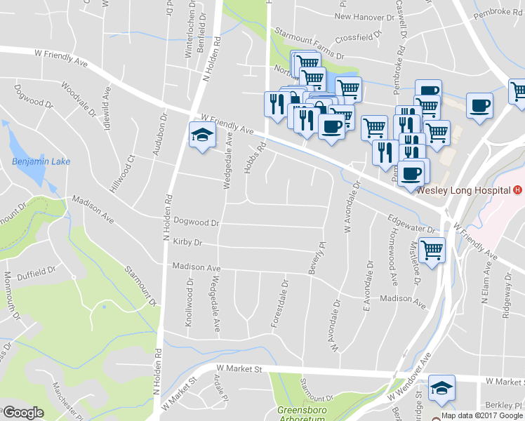 map of restaurants, bars, coffee shops, grocery stores, and more near 509 Hobbs Road in Greensboro