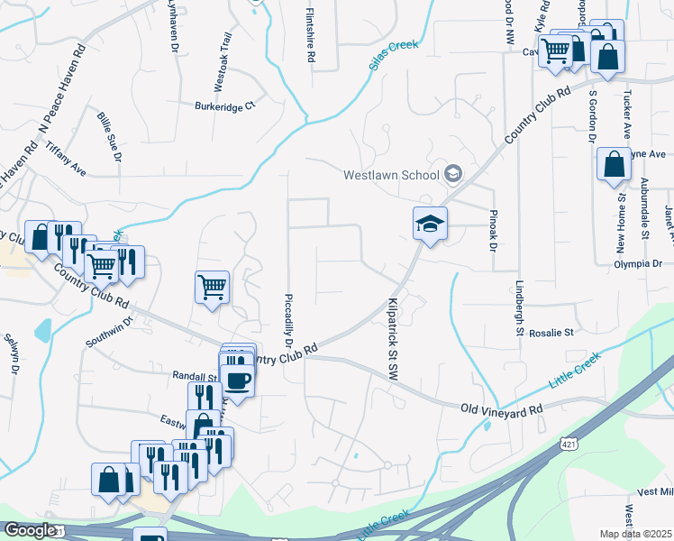map of restaurants, bars, coffee shops, grocery stores, and more near 220 Blake Street in Winston-Salem
