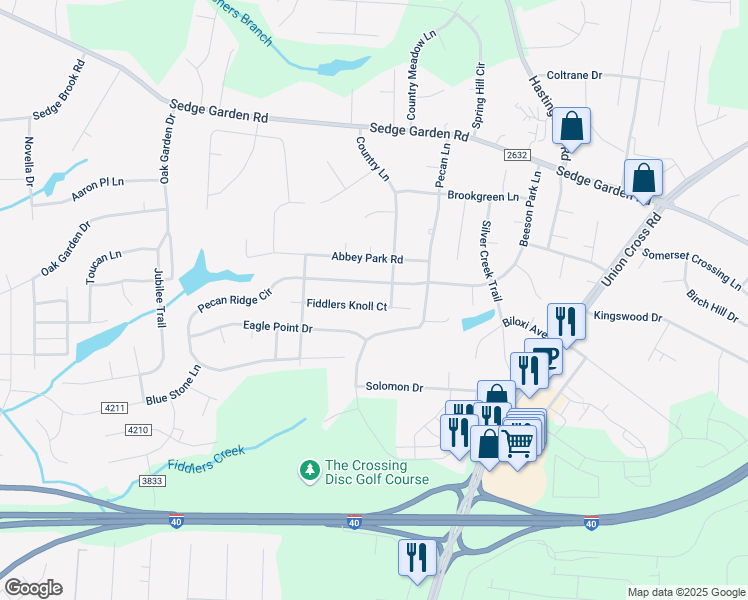 map of restaurants, bars, coffee shops, grocery stores, and more near 213 Fiddlers Knoll Court in Kernersville
