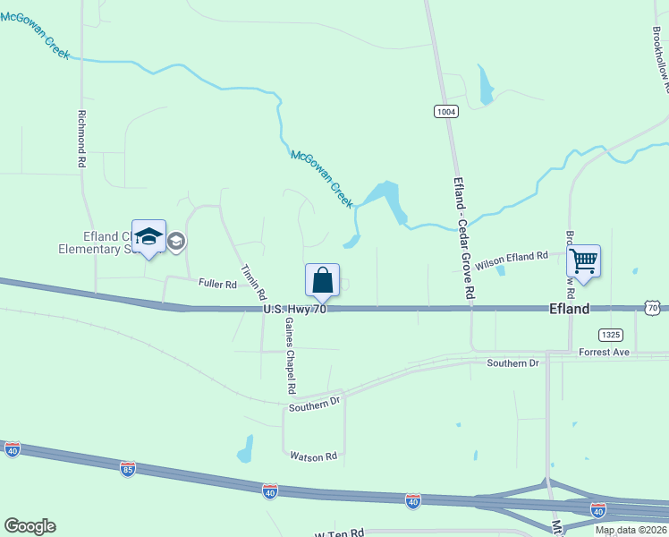 map of restaurants, bars, coffee shops, grocery stores, and more near 106 Glenwick Lane in Efland