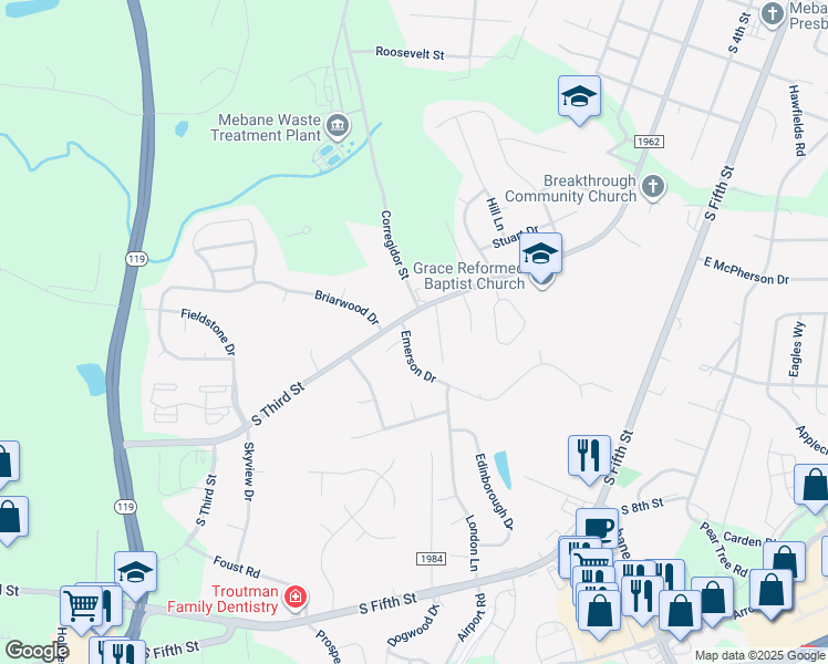 map of restaurants, bars, coffee shops, grocery stores, and more near 326 Emerson Drive in Mebane