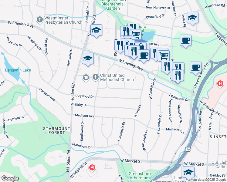 map of restaurants, bars, coffee shops, grocery stores, and more near 509 Hobbs Road in Greensboro