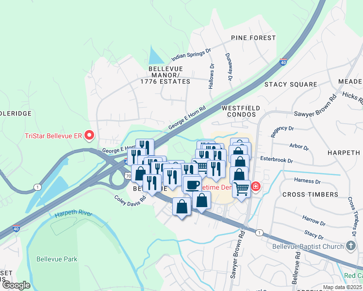 map of restaurants, bars, coffee shops, grocery stores, and more near 7632 Highway 70 South in Nashville