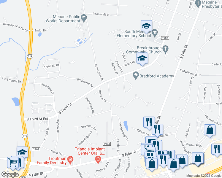 map of restaurants, bars, coffee shops, grocery stores, and more near 728 Phelps and Workman Road in Mebane