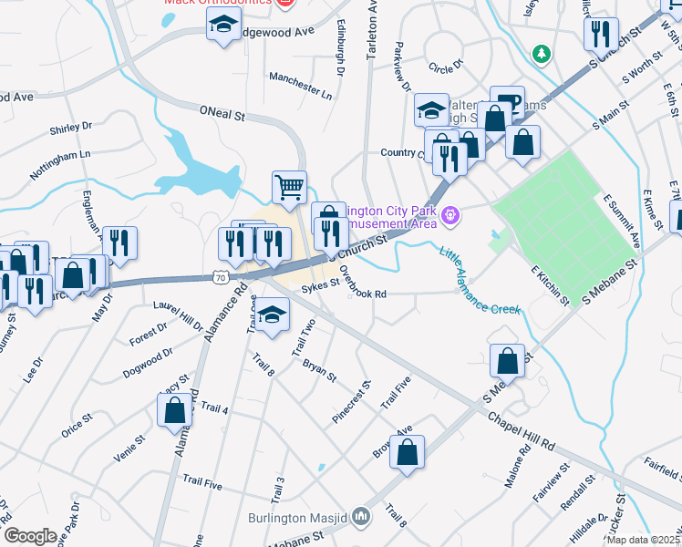 map of restaurants, bars, coffee shops, grocery stores, and more near 1556 Overbrook Road in Burlington