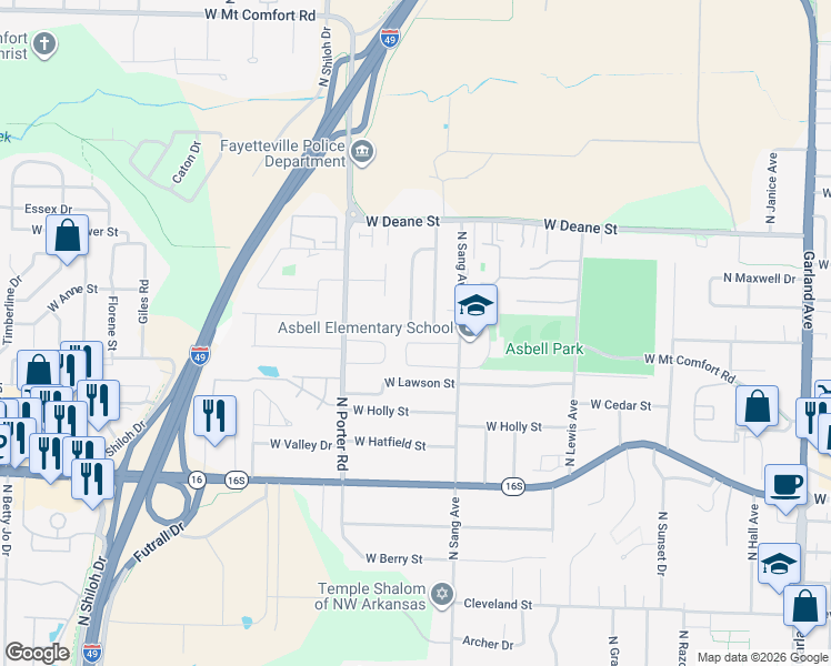 map of restaurants, bars, coffee shops, grocery stores, and more near 2299 Skyler Drive in Fayetteville