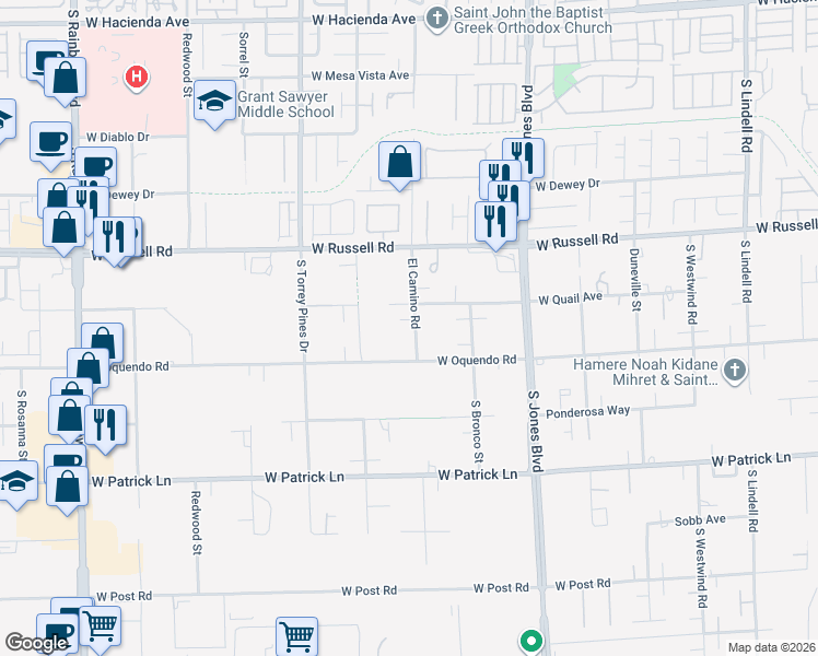 map of restaurants, bars, coffee shops, grocery stores, and more near 5845 El Camino Road in Las Vegas