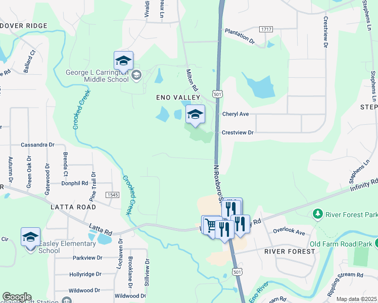 map of restaurants, bars, coffee shops, grocery stores, and more near 128 Oak Hill Drive in Durham