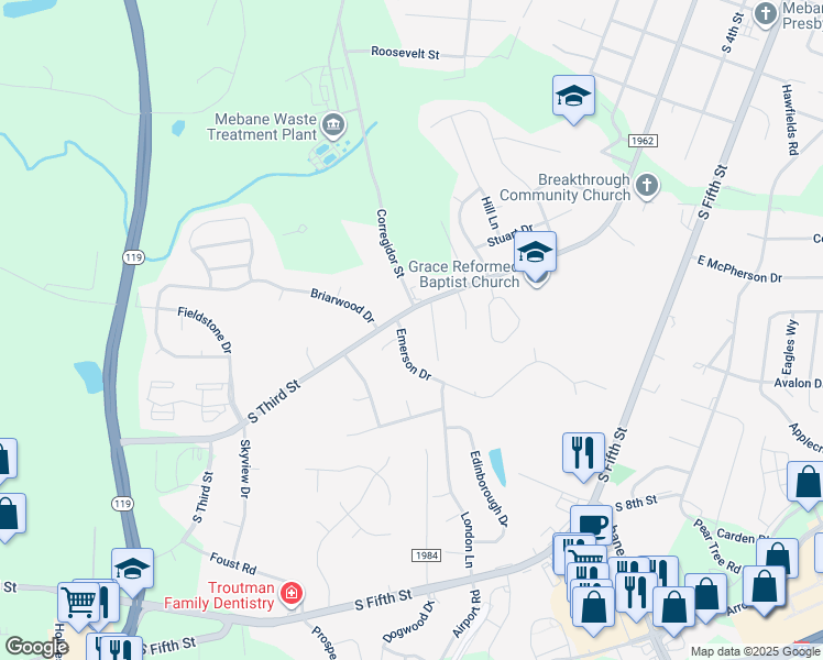 map of restaurants, bars, coffee shops, grocery stores, and more near 326 Emerson Drive in Mebane